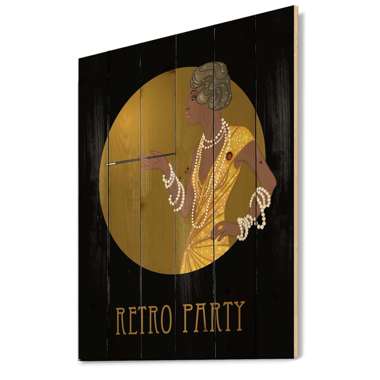 Designart - Retro Fashion Glamour African American Woman - Modern Print on Natural Pine Wood